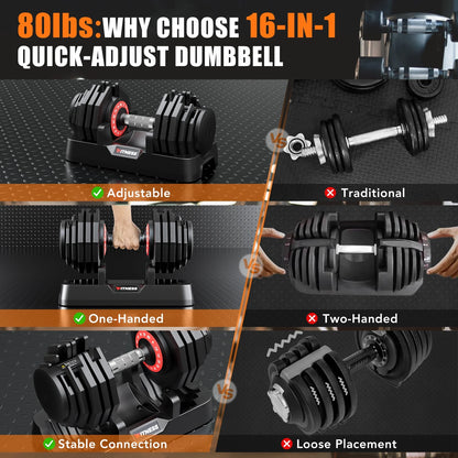Juego De Mancuernas Ajustables De 160LB (80Lbs*2), 16 En 1 De Selección Rápida, Pesas Ajustables De 5-80Lbs Para Entrenamiento En Casa De Cuerpo Completo