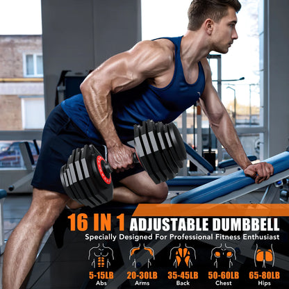 Juego De Mancuernas Ajustables De 160LB (80Lbs*2), 16 En 1 De Selección Rápida, Pesas Ajustables De 5-80Lbs Para Entrenamiento En Casa De Cuerpo Completo